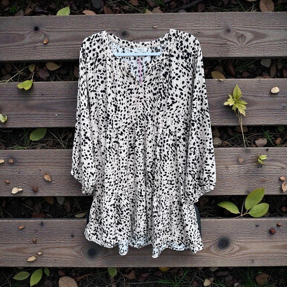 NWT Umgee Women's Black Leopard Print Tiered Babydoll Tunic Dress Long Sleeve